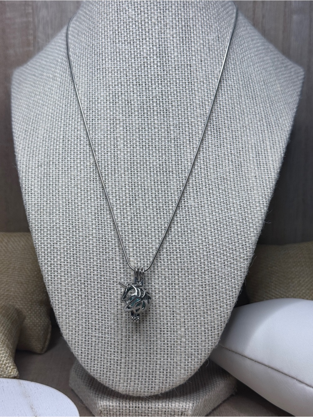 Silver Tone Unicorn Cage Locket Light Blue Pearl Pendant Necklace